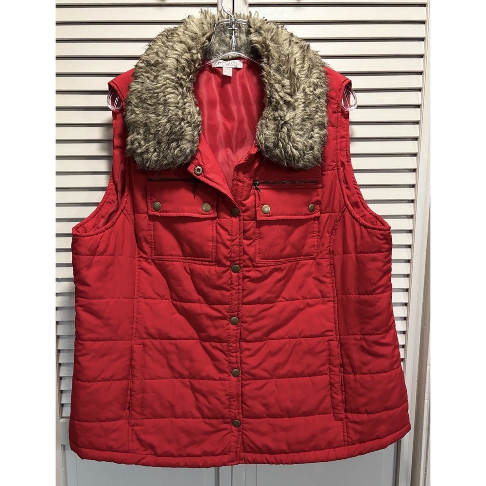 Toz & Ali Red Quilted Vest Jacket Zip Up Faux Fur Collar Pockets Size 2XL